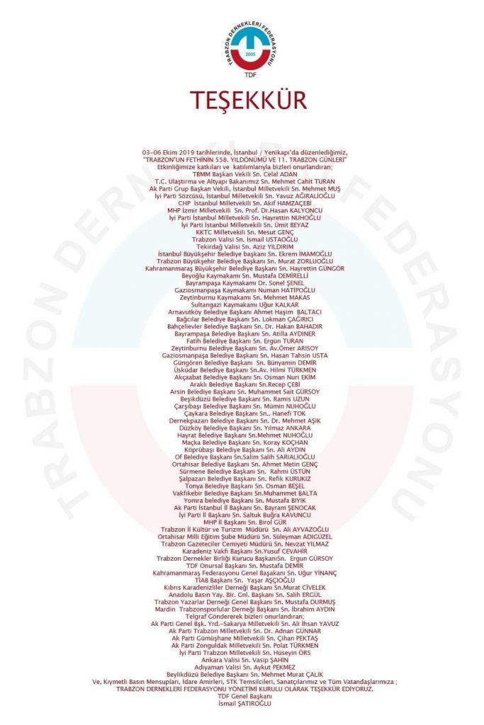 Trabzon Dernekler Federasyonu – Teşekkürler
